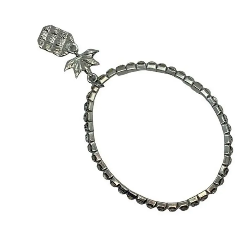 New NWT Silver-Tone Green Yellow Pineapple Rhinestone Beaded Stretch Bracelet